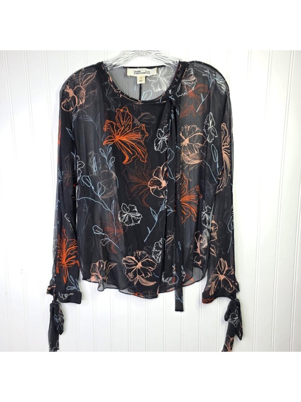 Diane Von Furstenberg Top Womens 2 Black Floral Silk Sheer Wrap Whimsigoth Boho